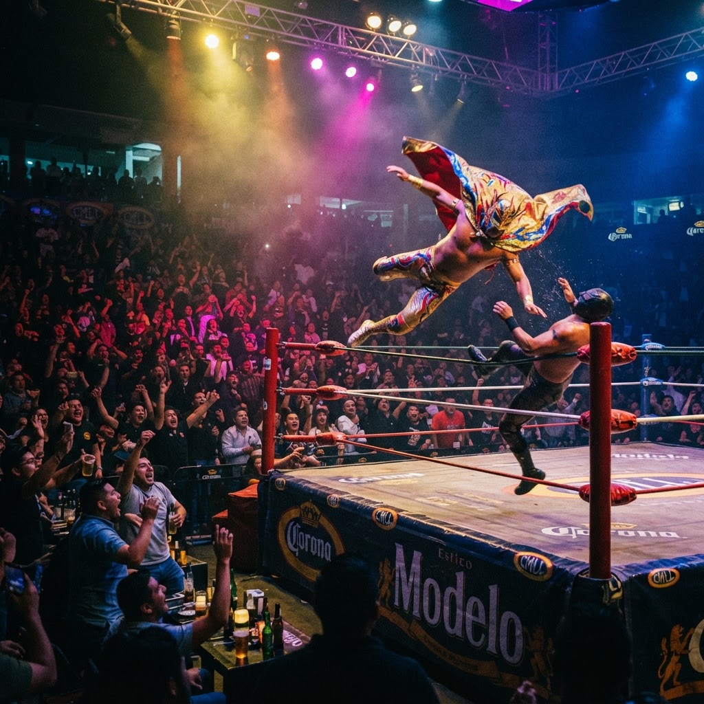 Luchador enmascarado en un cuadrilátero iluminado durante un show de lucha libre VIP