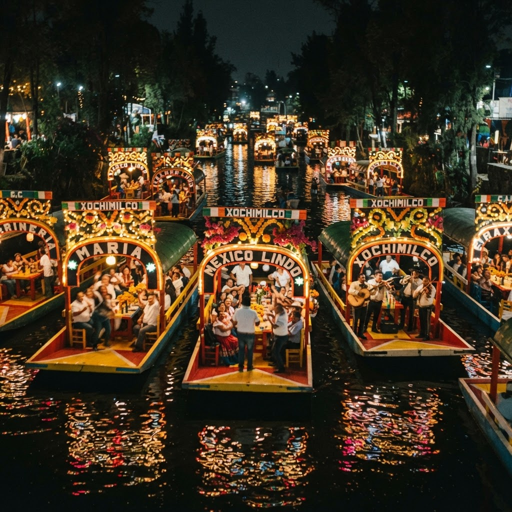 Trajineras decoradas con luces doradas navegando los canales de Xochimilco de noche
